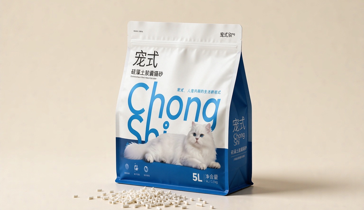 宠式硅藻土胶囊猫砂 5L 包装与散落颗粒